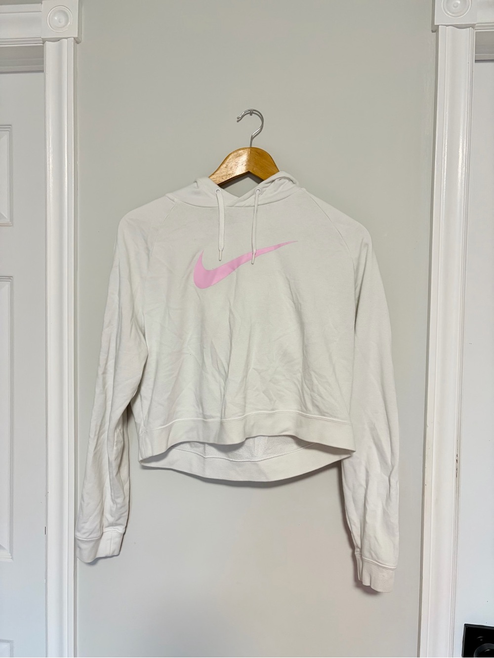 Nike Women's White Cropped Hoodie with Pink Swoosh Logo